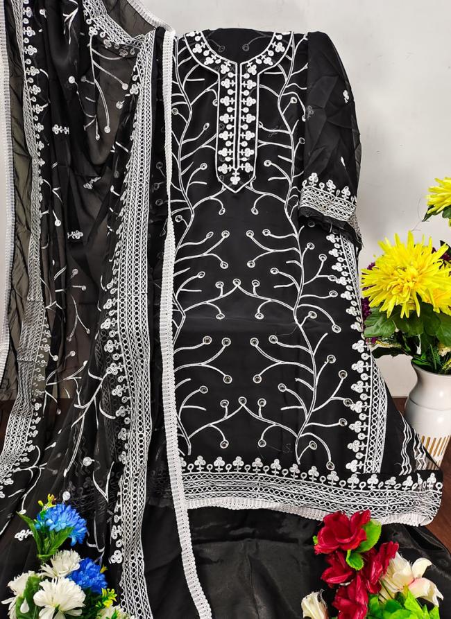 Georgette Black Wedding Wear Chain Stich Work Dress Material